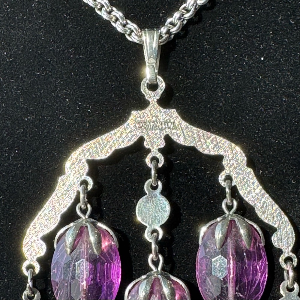 Sarah Coventry 70s Wisteria Silver Tone Necklace Waterfall Pendant Violet Beads - Picture 4 of 6